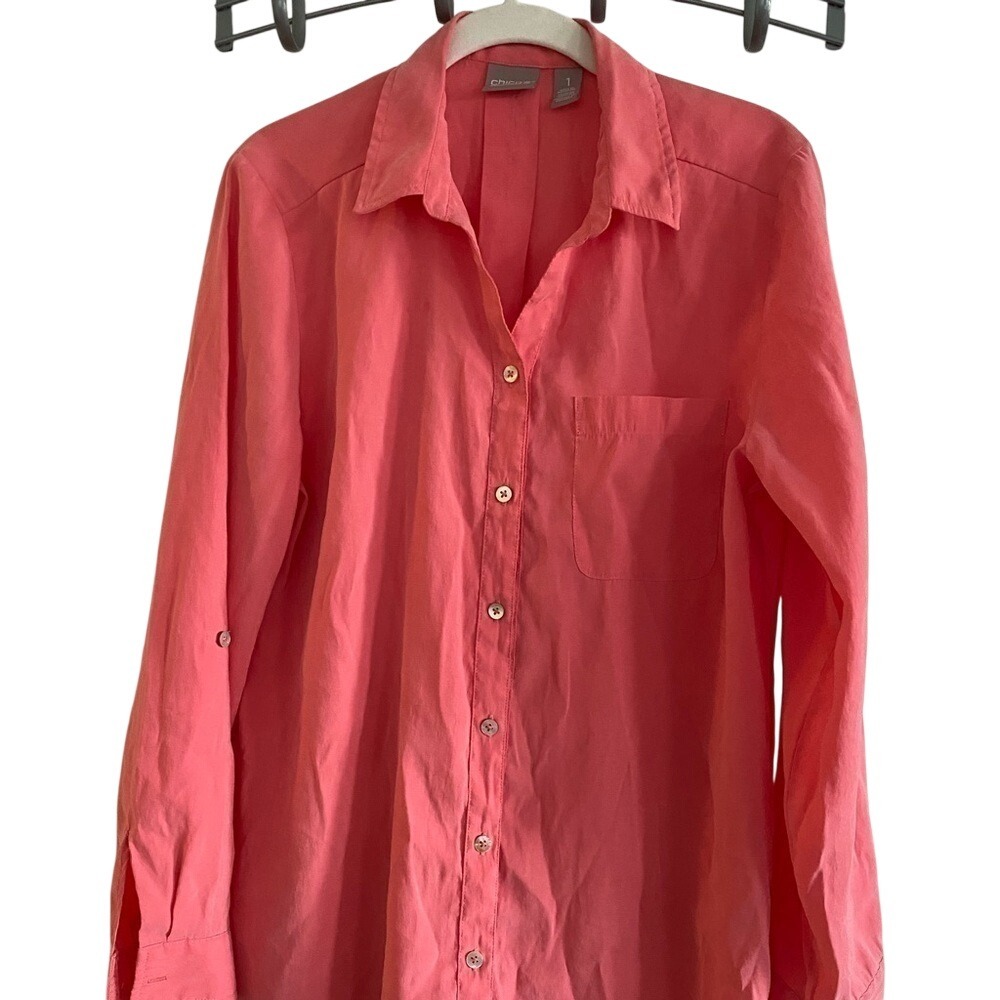 Chico's Coral Pink Roll Tab Sleeve Button Up Shirt Blouse Women's Size 1 / M